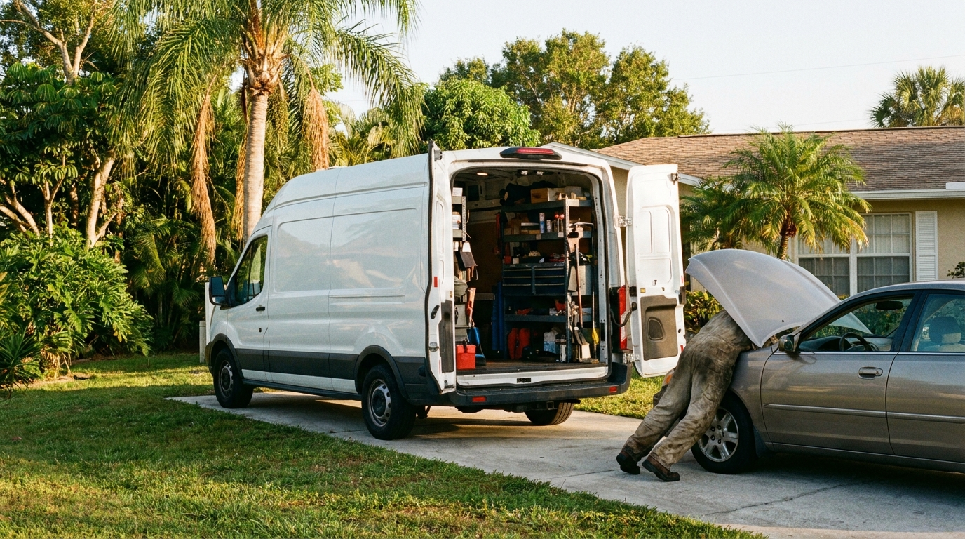 Mobile mechanic van with tools, working on a car in a driveway